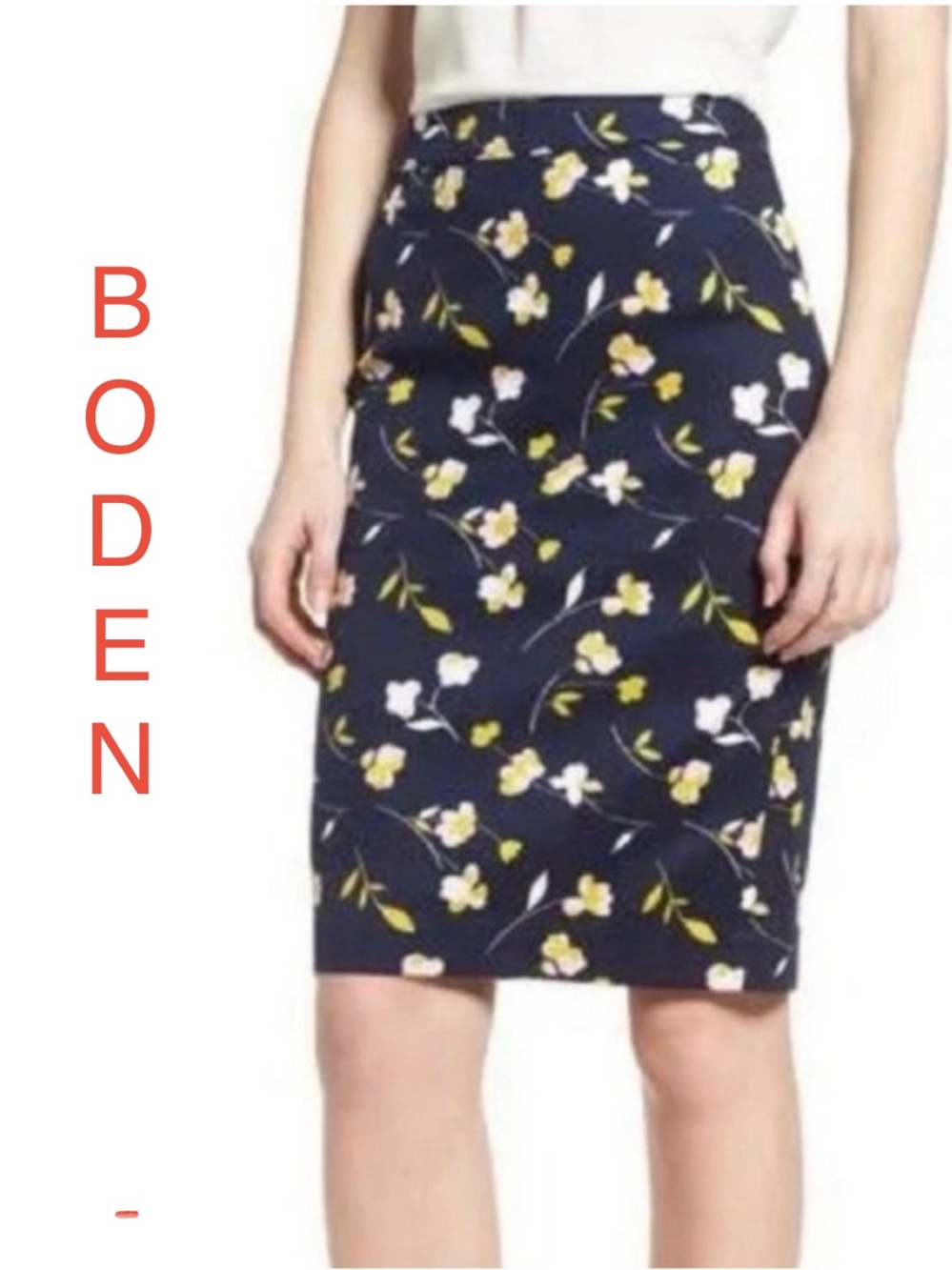 Boden | Navy Floral Fully Lined Pencil Skirt w/ Yellow & White Blooms - Size 16